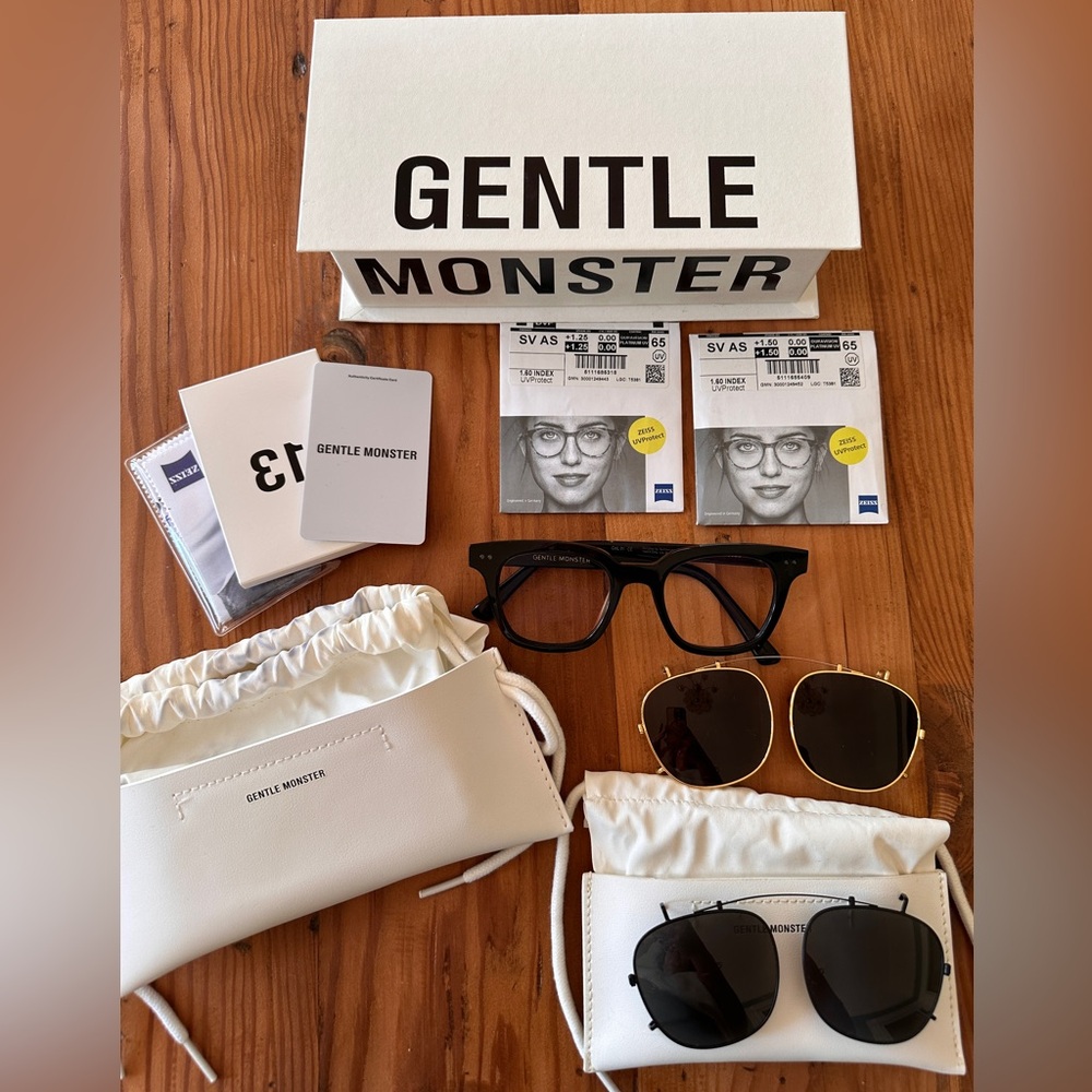 Gentle Monster South Side reading glasses with 2 clip ons